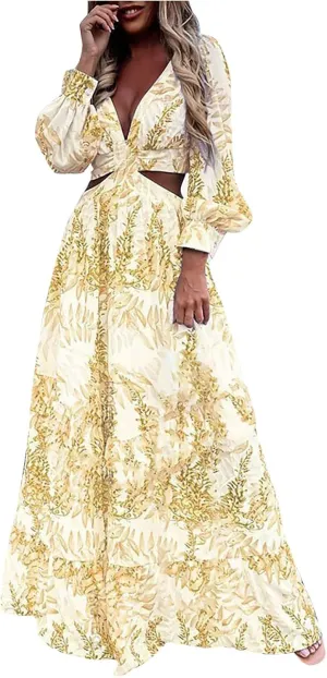 Women Spring A Line Dresses Casual Long Sleeve Elegant V Neck Maxi Dresses Floral Boho Long Wedding Guest Dress