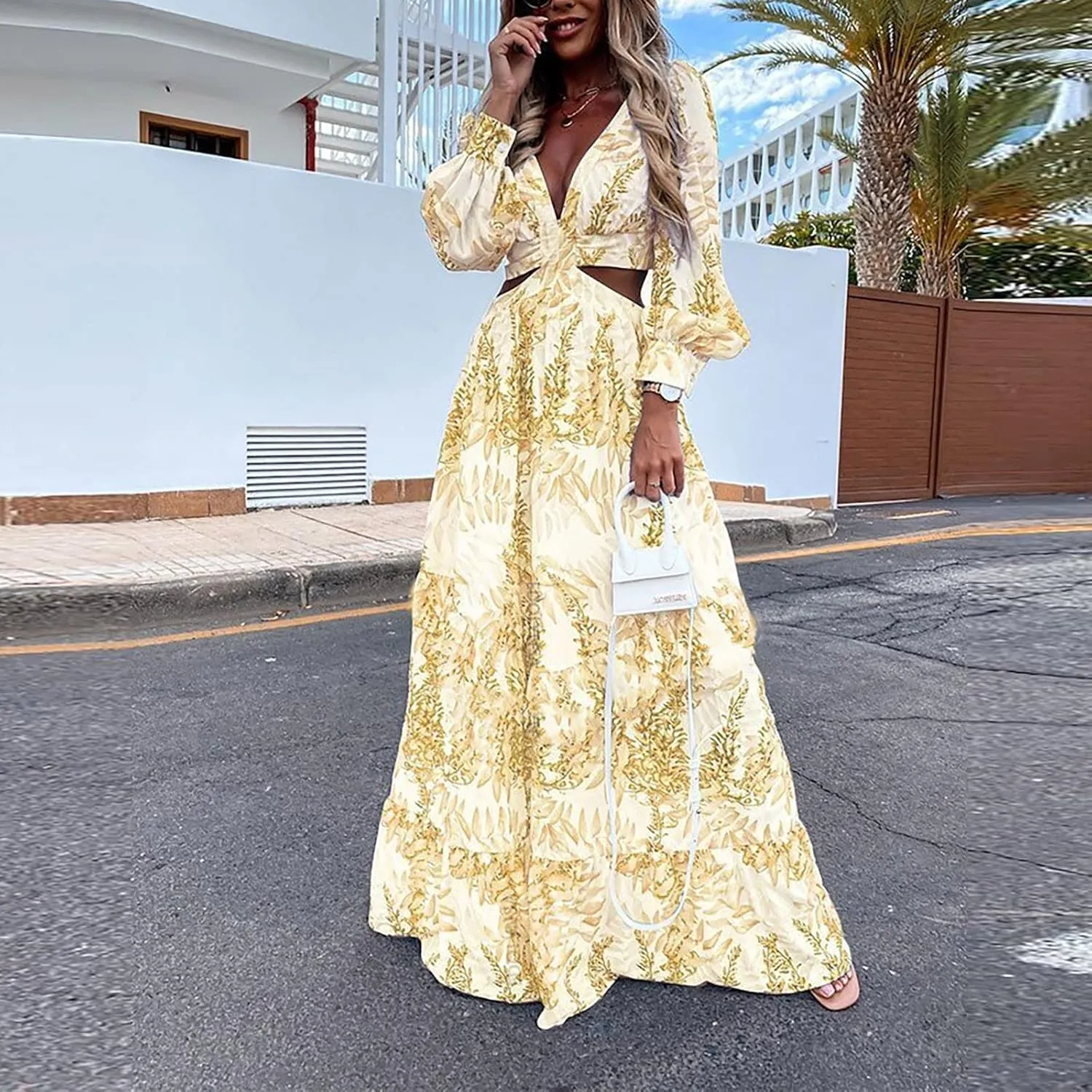 Women Spring A Line Dresses Casual Long Sleeve Elegant V Neck Maxi Dresses Floral Boho Long Wedding Guest Dress