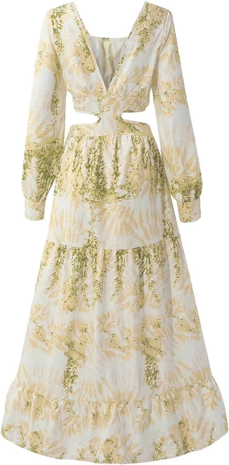 Women Spring A Line Dresses Casual Long Sleeve Elegant V Neck Maxi Dresses Floral Boho Long Wedding Guest Dress