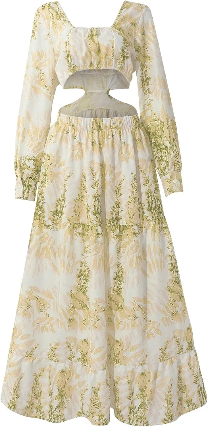 Women Spring A Line Dresses Casual Long Sleeve Elegant V Neck Maxi Dresses Floral Boho Long Wedding Guest Dress
