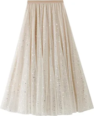 Women Starry Sky Gillter Midi Tulle Skirts High Waist Double Layer Mesh Tutu Sequin Skirts A-line Pleated Skirts