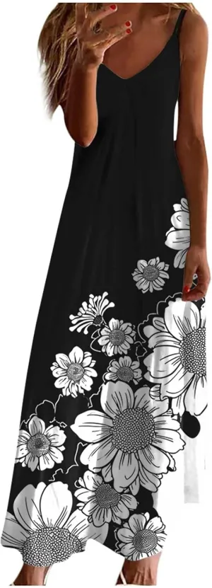Women Strap Summer Dress Eyelet V Neck Spaghetti Strap Midi Dresses Casual Solid A-Line Flowy Sundress Beach Dress