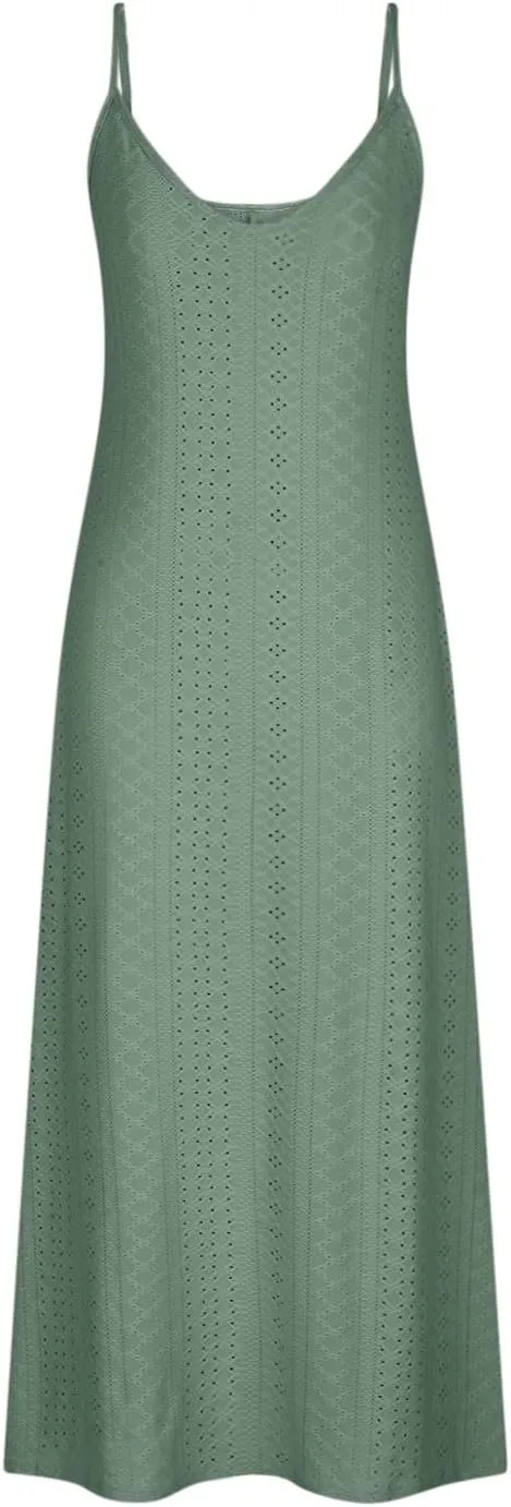 Women Strap Summer Dress Eyelet V Neck Spaghetti Strap Midi Dresses Casual Solid A-Line Flowy Sundress Beach Dress