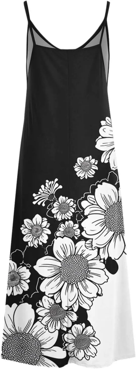 Women Strap Summer Dress Eyelet V Neck Spaghetti Strap Midi Dresses Casual Solid A-Line Flowy Sundress Beach Dress