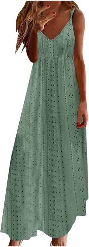 Women Strap Summer Dress Eyelet V Neck Spaghetti Strap Midi Dresses Casual Solid A-Line Flowy Sundress Beach Dress