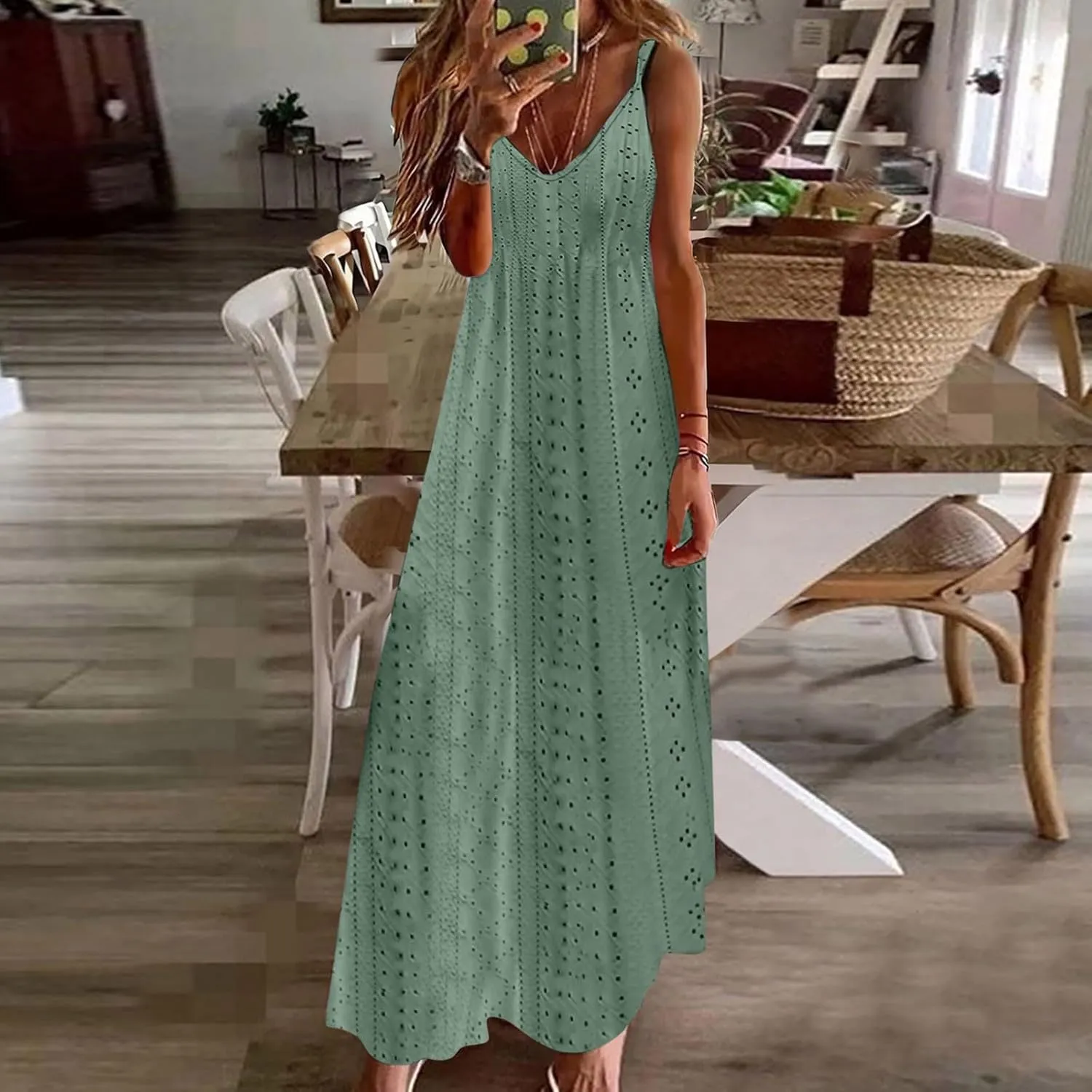Women Strap Summer Dress Eyelet V Neck Spaghetti Strap Midi Dresses Casual Solid A-Line Flowy Sundress Beach Dress