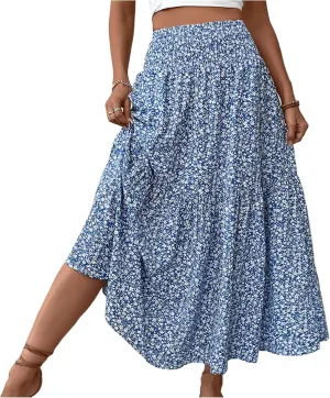 Women Summer Boho Floral Smocked Elastic High Waist Flowy Swing Pleated Maxi Skirts Vacation Print A-Line Long Skirts