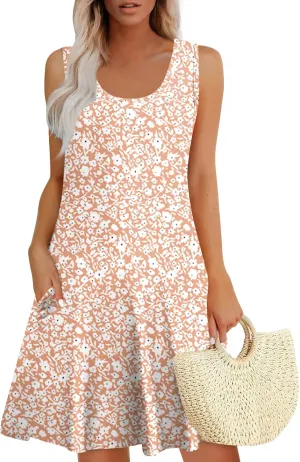 Women Summer Casual Dress 2025 Sleeveless Midi Swing Tank Sundress with Pockets V Neck A Line Pleated Tshirt Dress