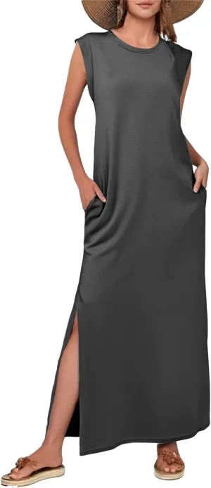 Women Summer Casual Dress Crew Neck Sleeveless Loose Split Long Maxi Beach Dress Travel Vacation Sundress with Pockets