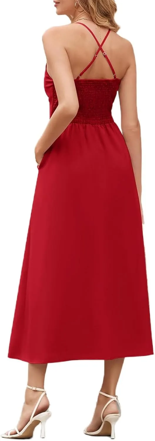 Women Summer Casual Midi Dress Spaghetti Strap Sleeveless V Neck Beach Party Wedding Halter Cutout Slit Dresses