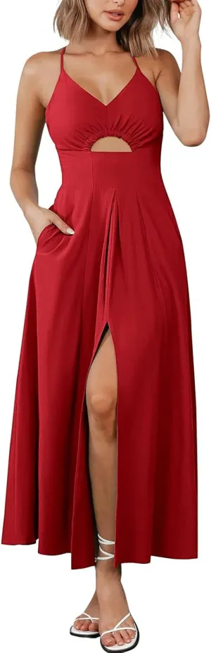 Women Summer Casual Midi Dress Spaghetti Strap Sleeveless V Neck Beach Party Wedding Halter Cutout Slit Dresses