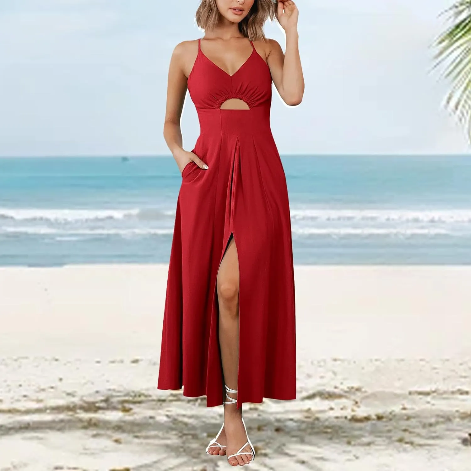 Women Summer Casual Midi Dress Spaghetti Strap Sleeveless V Neck Beach Party Wedding Halter Cutout Slit Dresses