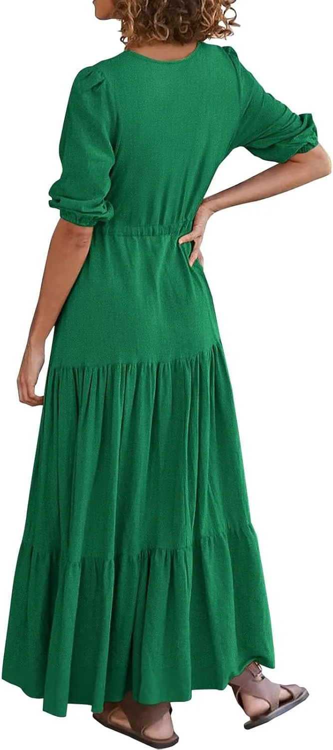 Women Summer Dresses Short Sleeves V Neck Button Drawstring Long Dresses Solid Color Boho Long Dress