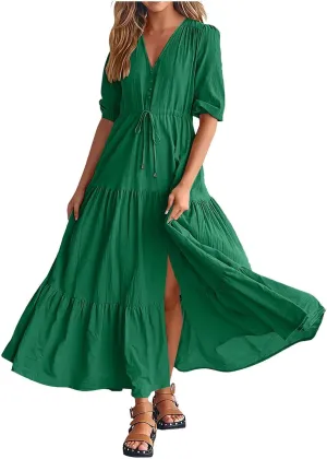 Women Summer Dresses Short Sleeves V Neck Button Drawstring Long Dresses Solid Color Boho Long Dress