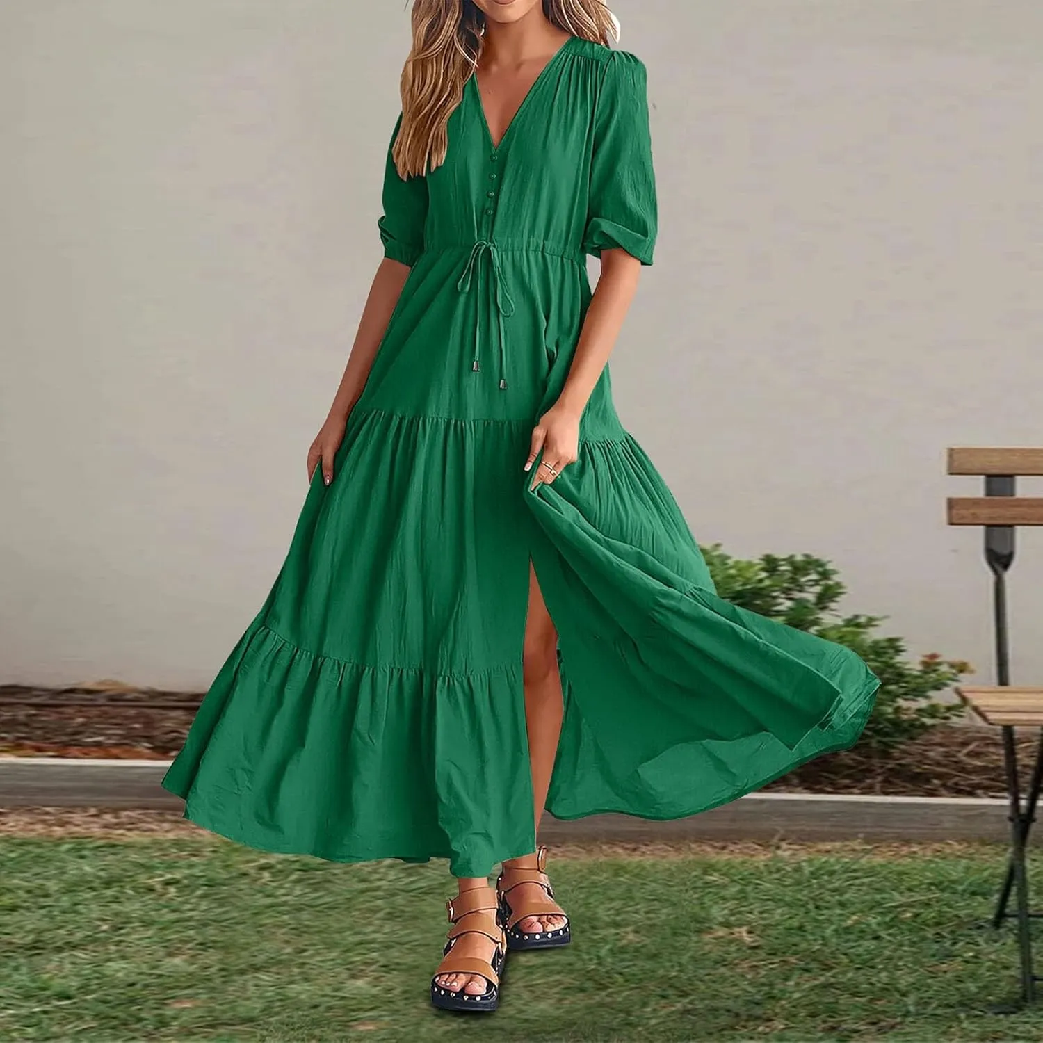 Women Summer Dresses Short Sleeves V Neck Button Drawstring Long Dresses Solid Color Boho Long Dress
