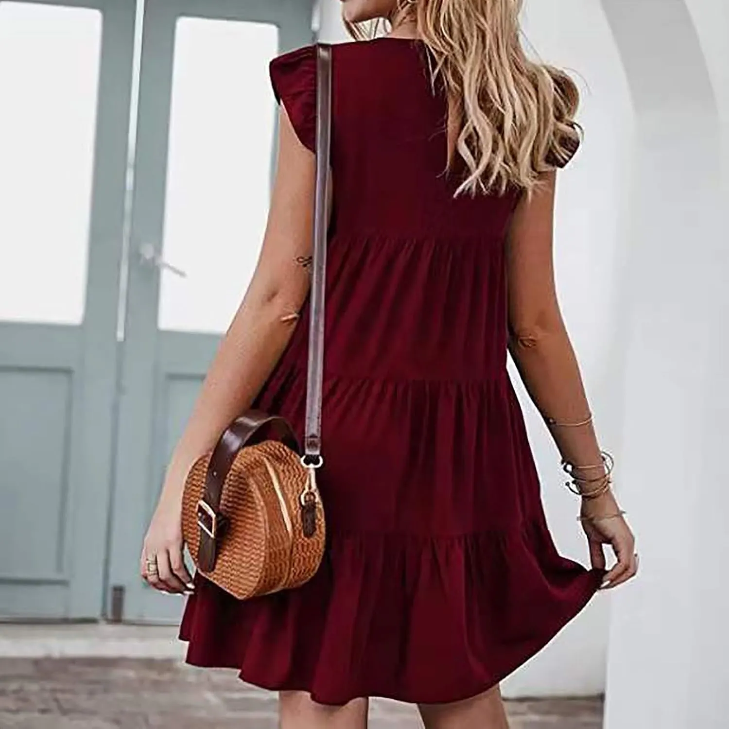 Women Summer Dresses Sleeveless Ruffle Sleeve Swing Dress Round Neck Loose Mini Sundress Flowy Pleated Babydoll Dress