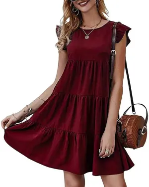 Women Summer Dresses Sleeveless Ruffle Sleeve Swing Dress Round Neck Loose Mini Sundress Flowy Pleated Babydoll Dress
