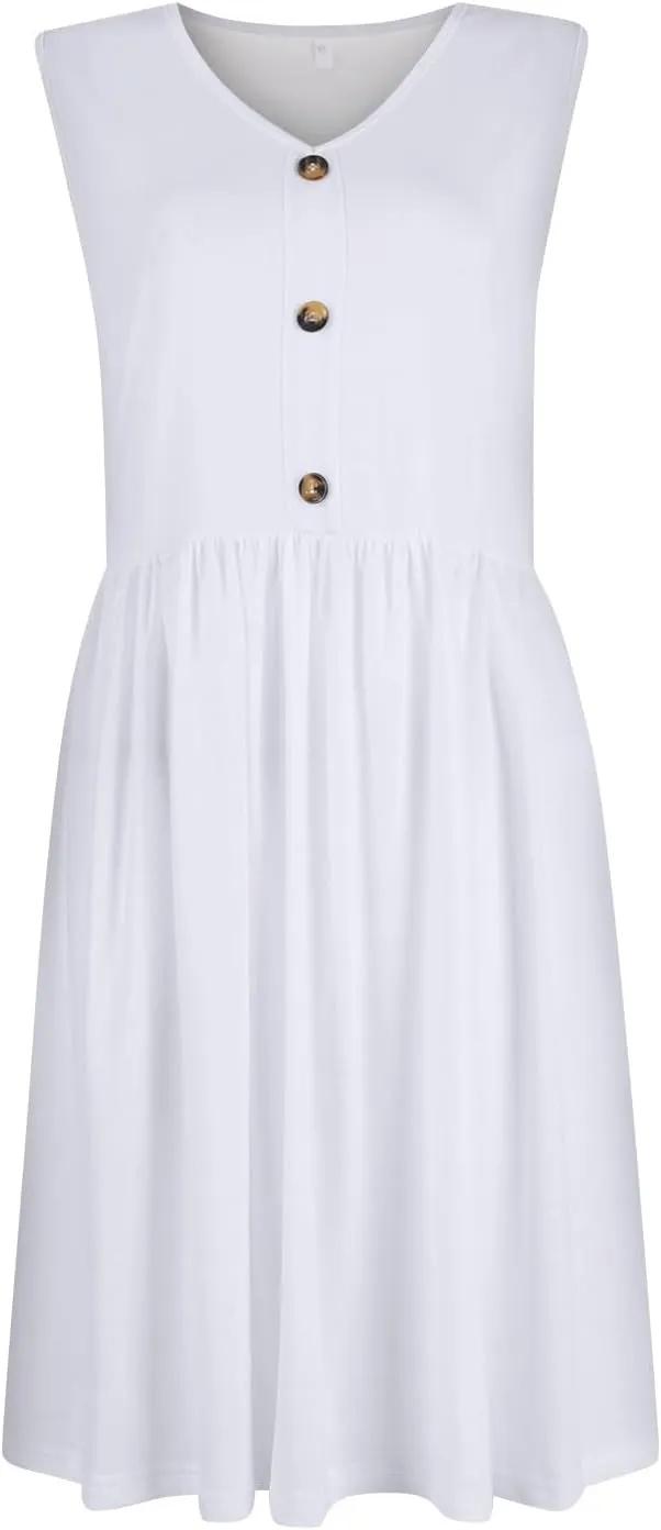 Women Summer Dresses Sleeveless V-Neck Elastic Waist Midi Dress Casual Swing Button Down Sundress with Pockets S-3XL