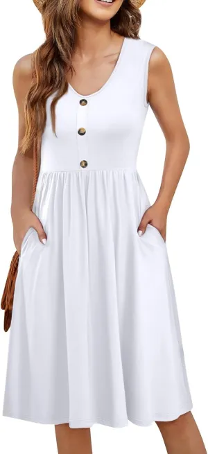 Women Summer Dresses Sleeveless V-Neck Elastic Waist Midi Dress Casual Swing Button Down Sundress with Pockets S-3XL