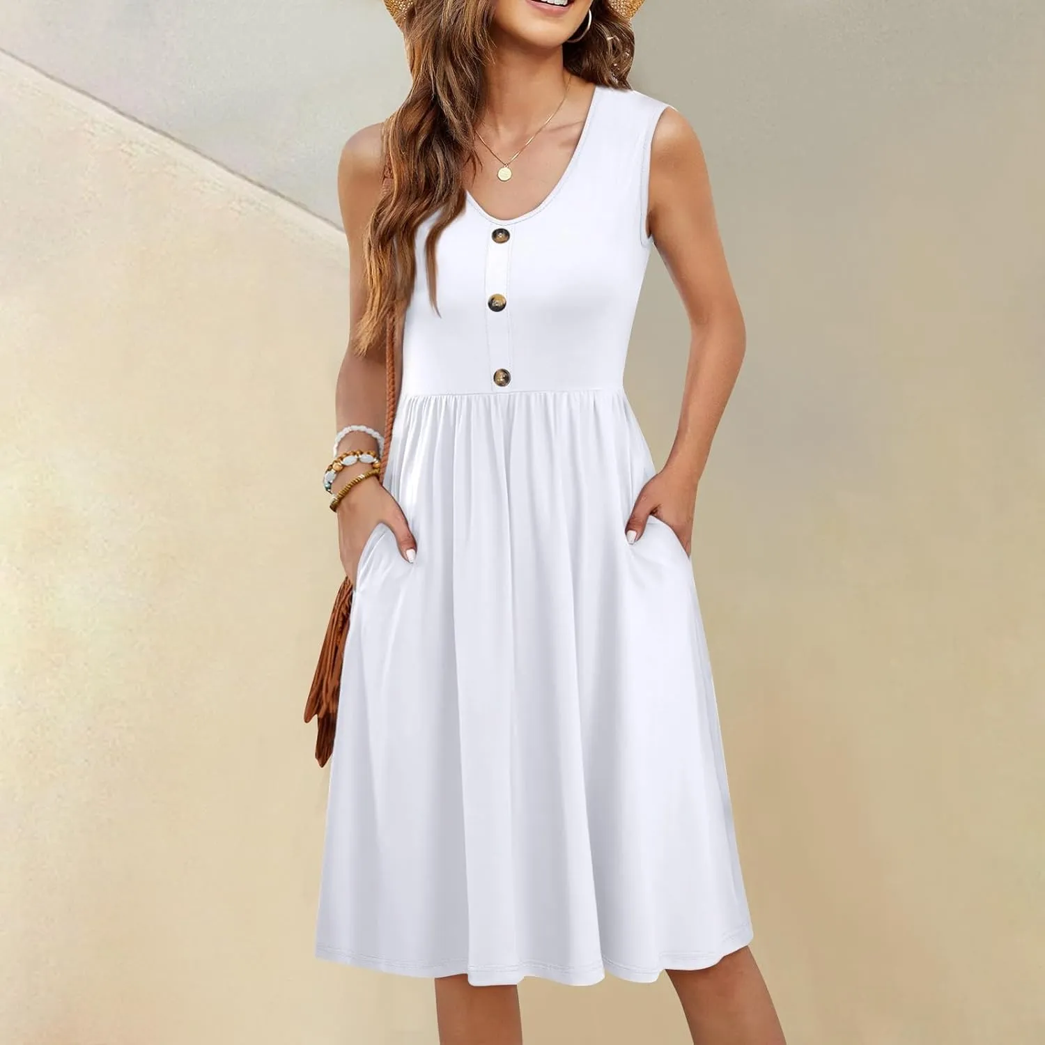 Women Summer Dresses Sleeveless V-Neck Elastic Waist Midi Dress Casual Swing Button Down Sundress with Pockets S-3XL