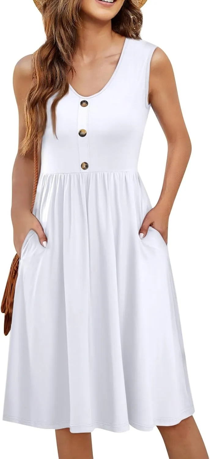 Women Summer Dresses Sleeveless V-Neck Elastic Waist Midi Dress Casual Swing Button Down Sundress with Pockets S-3XL
