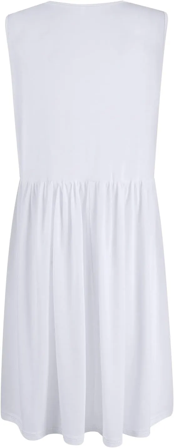 Women Summer Dresses Sleeveless V-Neck Elastic Waist Midi Dress Casual Swing Button Down Sundress with Pockets S-3XL