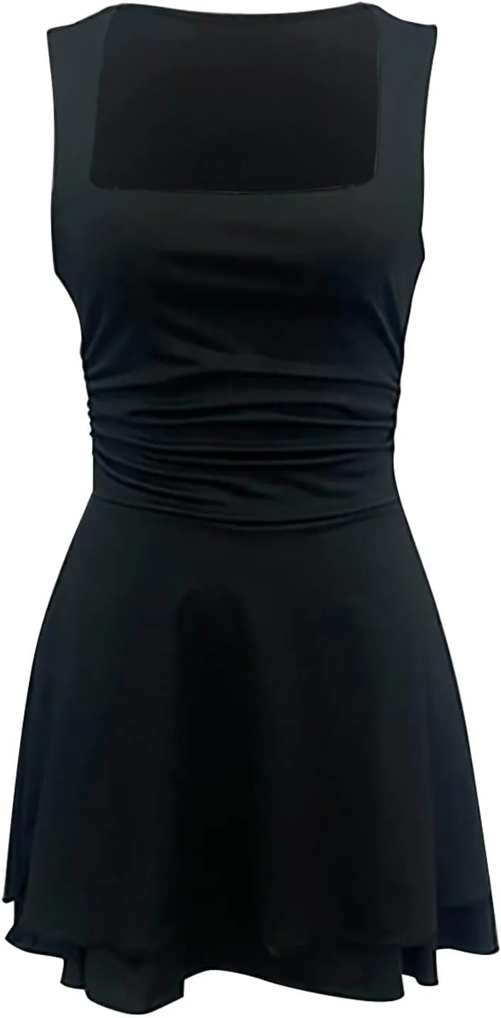 Women Summer Mini Dress 2025 Fashion Square Neck Pleated Mini Dresses Casual Fashion Elegant Sexy Ruffle Party Dress