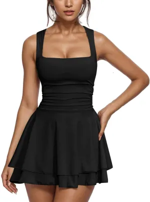 Women Summer Mini Dress 2025 Fashion Square Neck Pleated Mini Dresses Casual Fashion Elegant Sexy Ruffle Party Dress