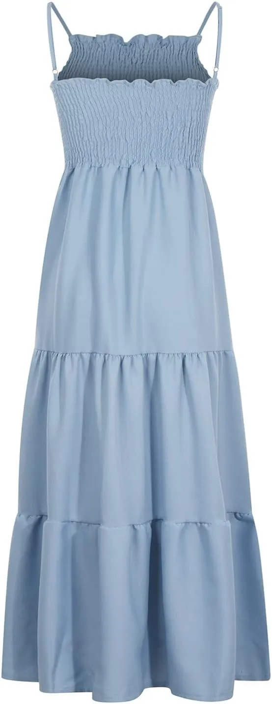 Women Summer Spaghetti Strap Maxi Dress Smocked Ruffle Swing Sundress Flowy Boho Beach Dresses Vacation Midi