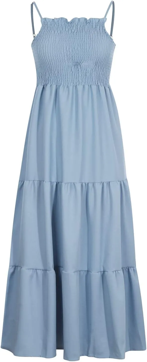 Women Summer Spaghetti Strap Maxi Dress Smocked Ruffle Swing Sundress Flowy Boho Beach Dresses Vacation Midi
