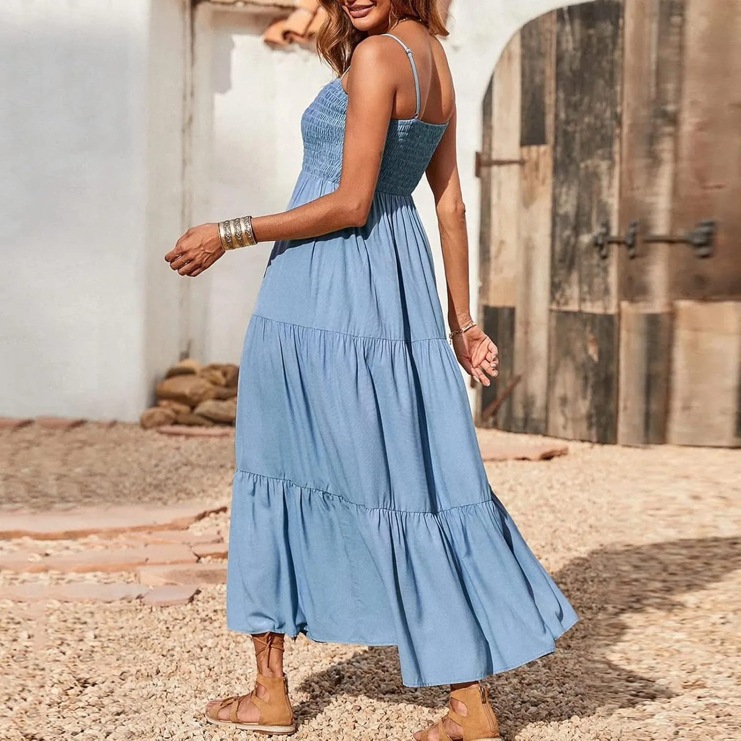 Women Summer Spaghetti Strap Maxi Dress Smocked Ruffle Swing Sundress Flowy Boho Beach Dresses Vacation Midi