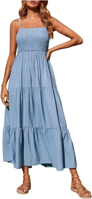 Women Summer Spaghetti Strap Maxi Dress Smocked Ruffle Swing Sundress Flowy Boho Beach Dresses Vacation Midi