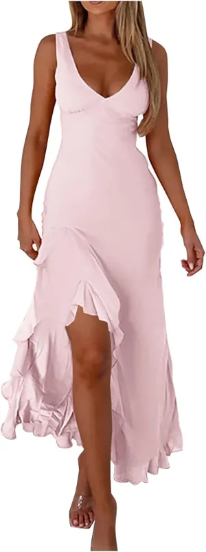 Women Summer Trendy Maxi Dresses Sleeveless Fit Flare Dress Hide Tummy Wrap V-Neck Ruffle Mesh Hem Long Sundress Elegant