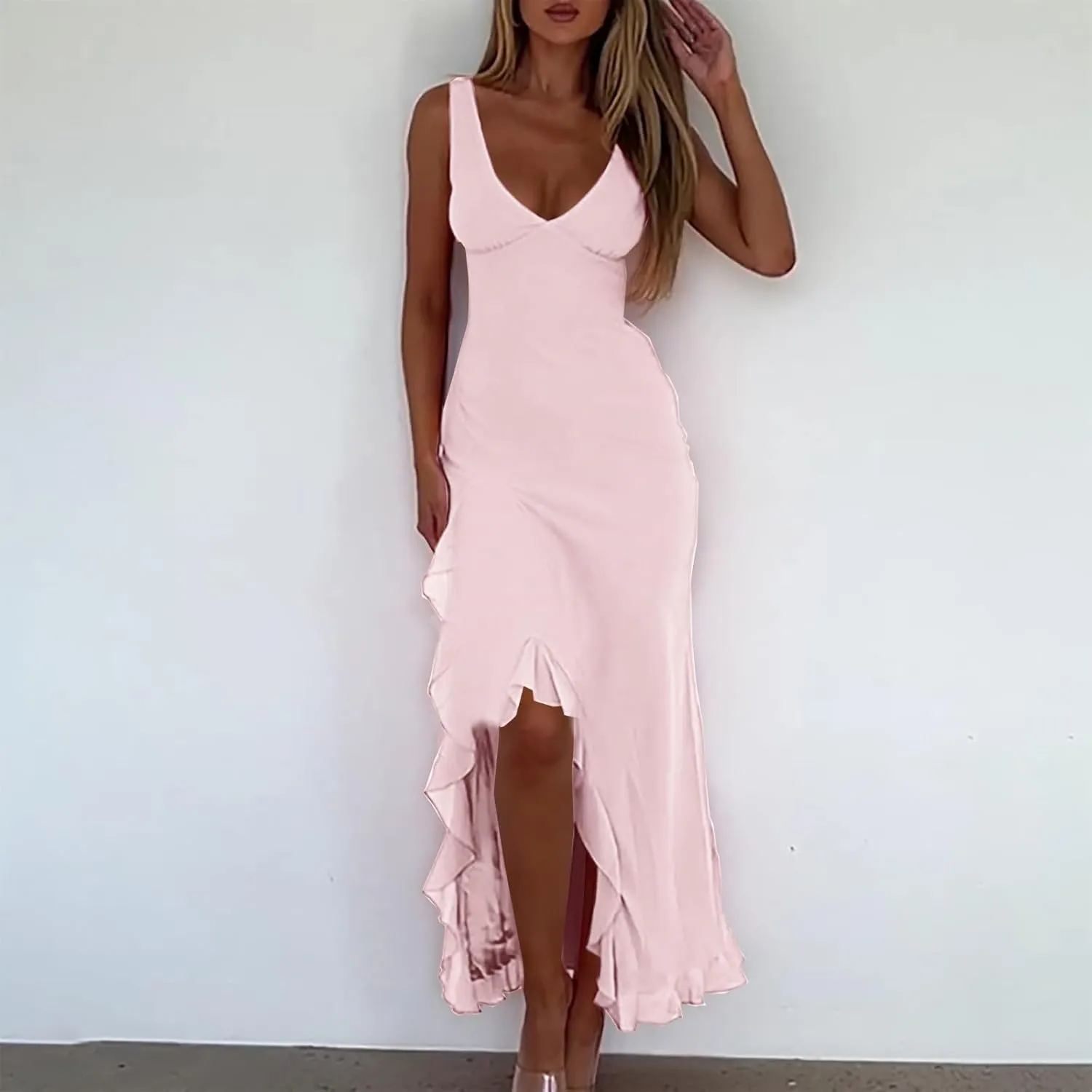 Women Summer Trendy Maxi Dresses Sleeveless Fit Flare Dress Hide Tummy Wrap V-Neck Ruffle Mesh Hem Long Sundress Elegant