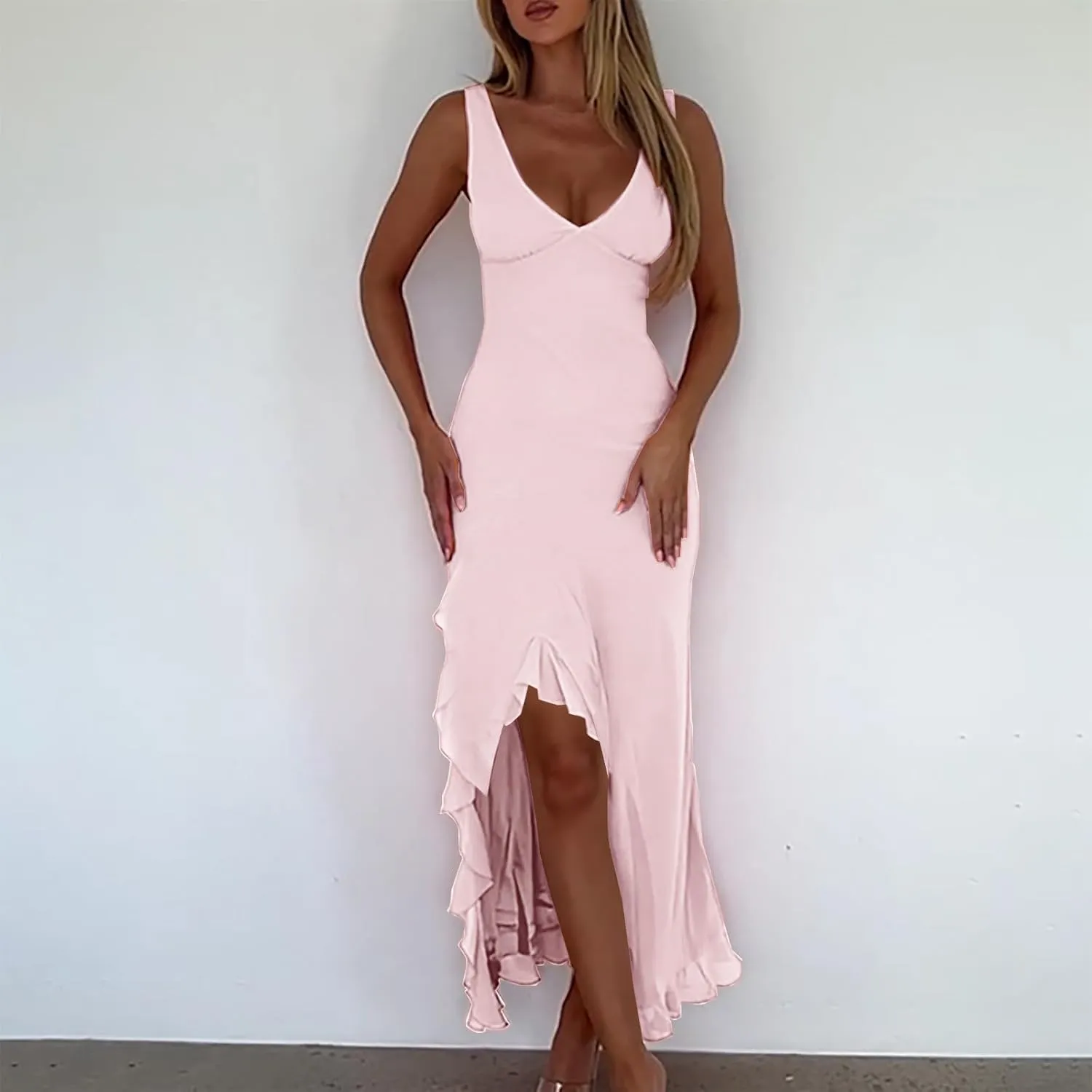 Women Summer Trendy Maxi Dresses Sleeveless Fit Flare Dress Hide Tummy Wrap V-Neck Ruffle Mesh Hem Long Sundress Elegant