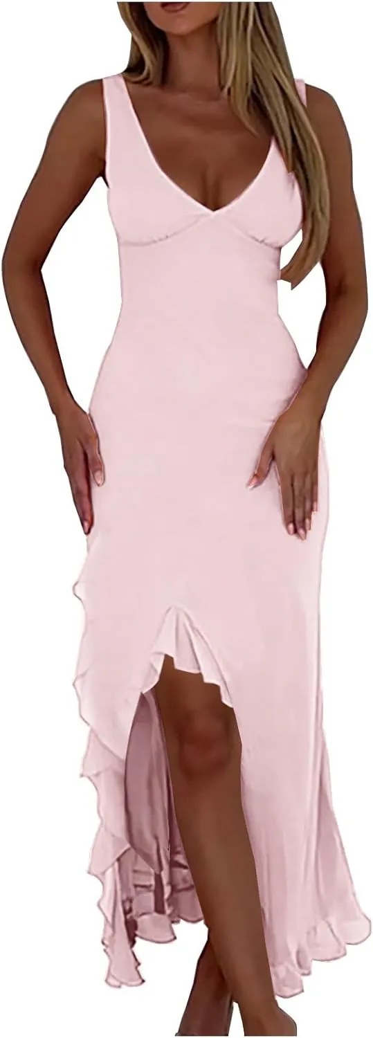 Women Summer Trendy Maxi Dresses Sleeveless Fit Flare Dress Hide Tummy Wrap V-Neck Ruffle Mesh Hem Long Sundress Elegant