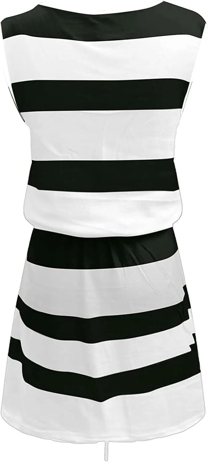 Women V-Neck Loose Fit Sun Dress Striped Contrast Beach Dress Sleeveless Tie Front Casual Dresses with Pockets