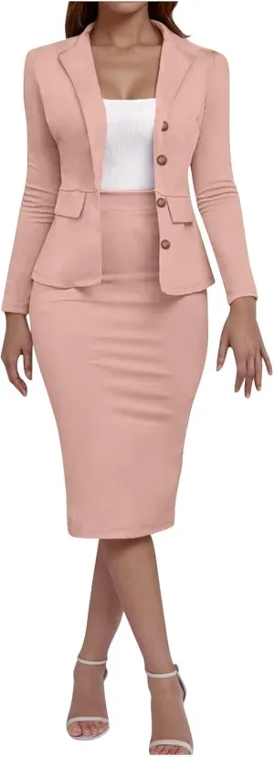 Women Wear to Work Dress 2 Piece Elegant Wrap Blazer Dresses Set Business Casual Long Sleeve Blazer and Pencil Skirt
