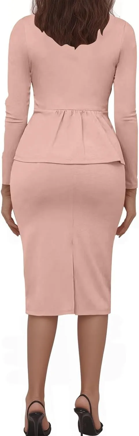 Women Wear to Work Dress 2 Piece Elegant Wrap Blazer Dresses Set Business Casual Long Sleeve Blazer and Pencil Skirt