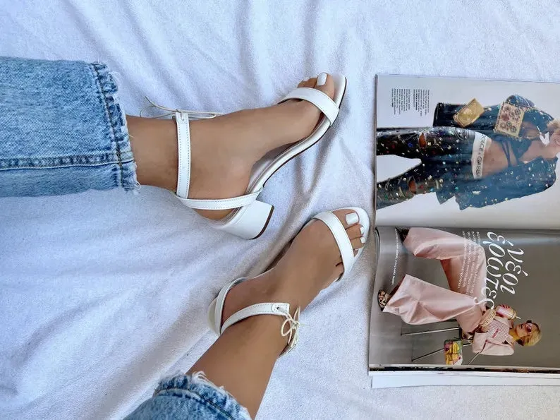 Women White Block Heel Leather Sandals