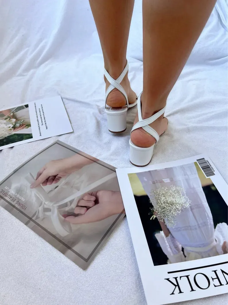 Women White Block Heel Leather Sandals