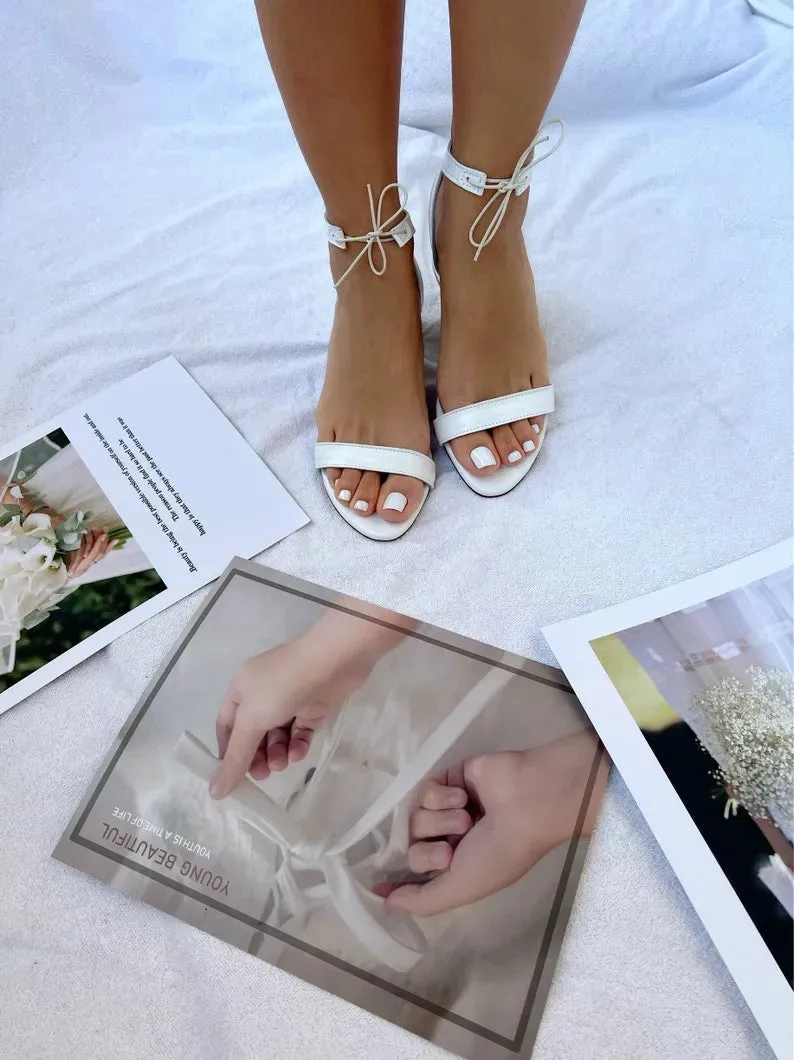 Women White Block Heel Leather Sandals
