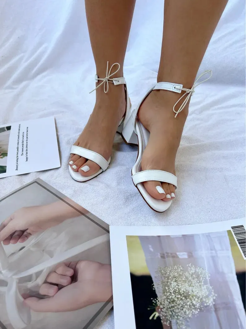 Women White Block Heel Leather Sandals