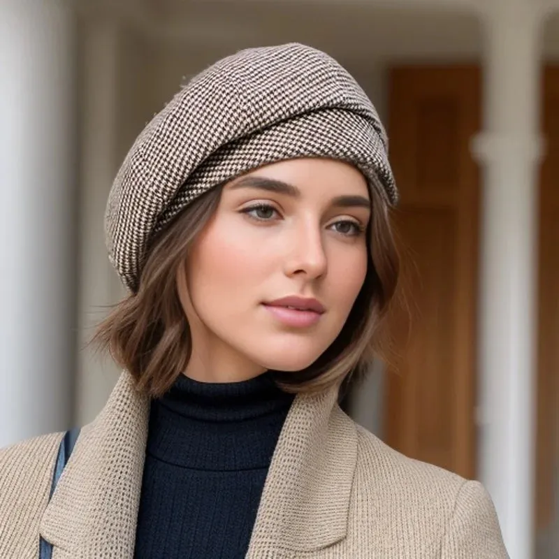 Women Wool Beret for Elegant Lady Winter Female Cotton Hats Plaid Vintage Octagonal Casual Autumn Cap