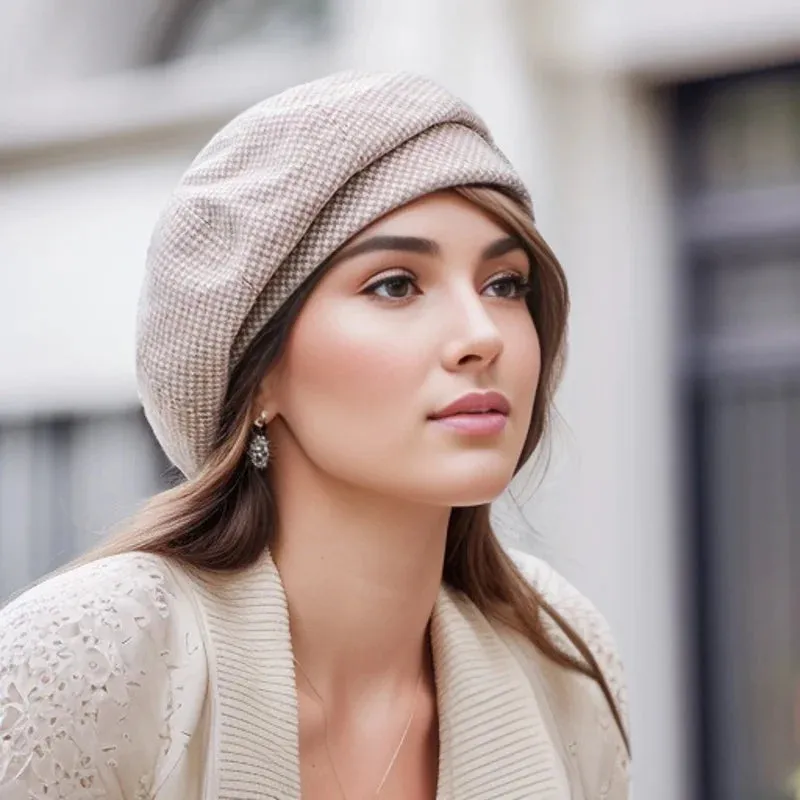 Women Wool Beret for Elegant Lady Winter Female Cotton Hats Plaid Vintage Octagonal Casual Autumn Cap