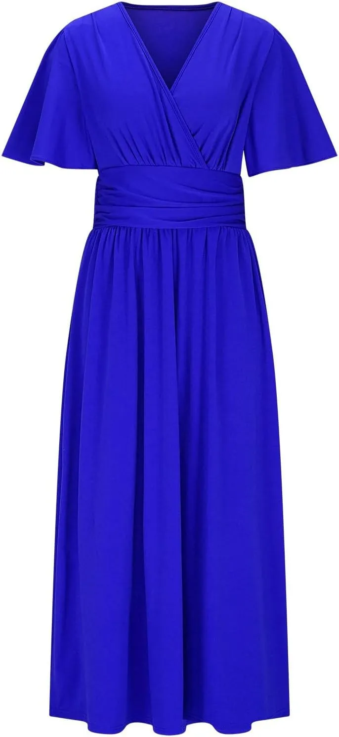 Women Wrap V Neck Ruffle Short Sleeve Midi Dress Smocked Empire Waist Summer Casual Elegant Split A-Line Beach Dresses