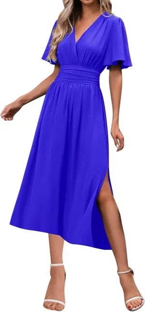 Women Wrap V Neck Ruffle Short Sleeve Midi Dress Smocked Empire Waist Summer Casual Elegant Split A-Line Beach Dresses