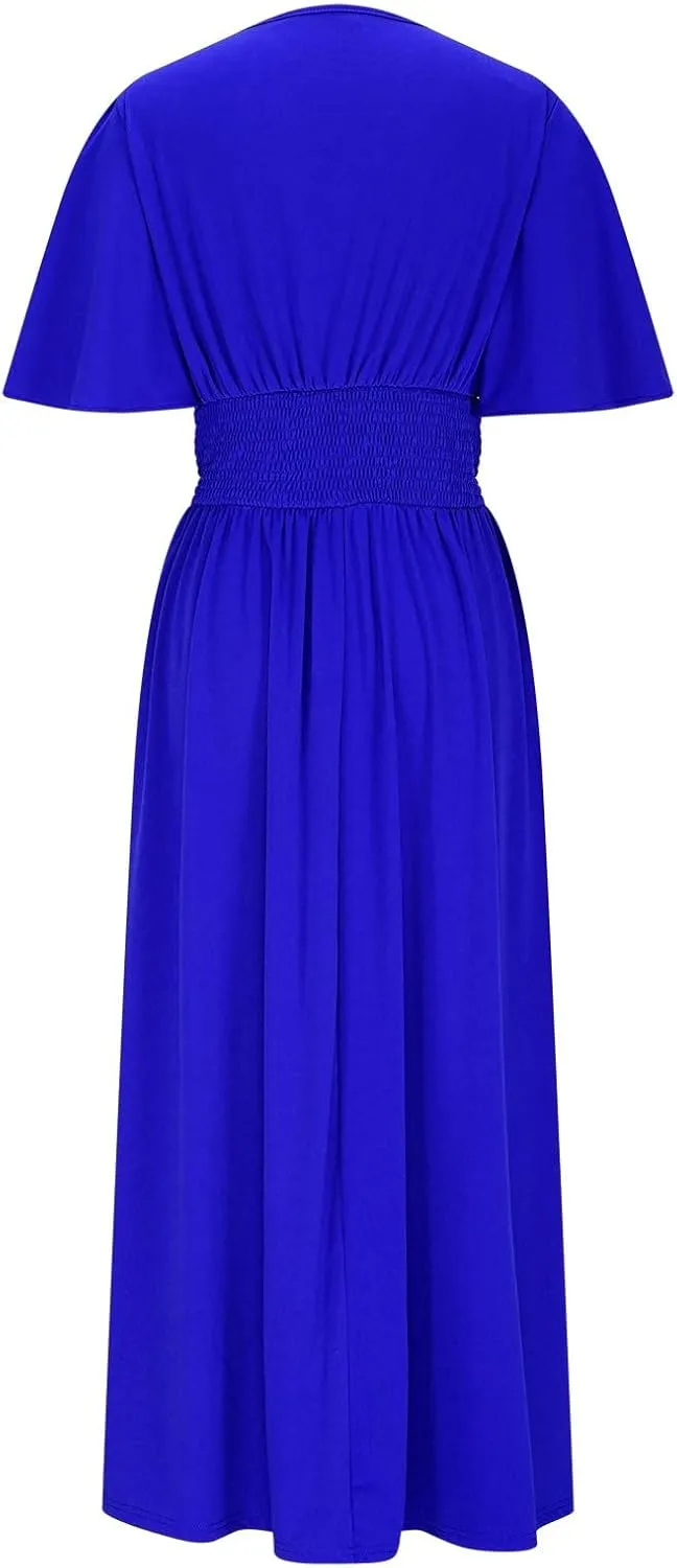 Women Wrap V Neck Ruffle Short Sleeve Midi Dress Smocked Empire Waist Summer Casual Elegant Split A-Line Beach Dresses