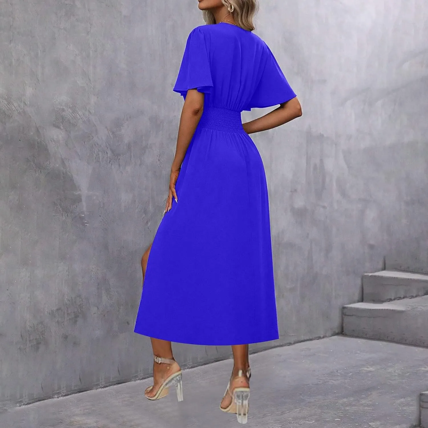 Women Wrap V Neck Ruffle Short Sleeve Midi Dress Smocked Empire Waist Summer Casual Elegant Split A-Line Beach Dresses