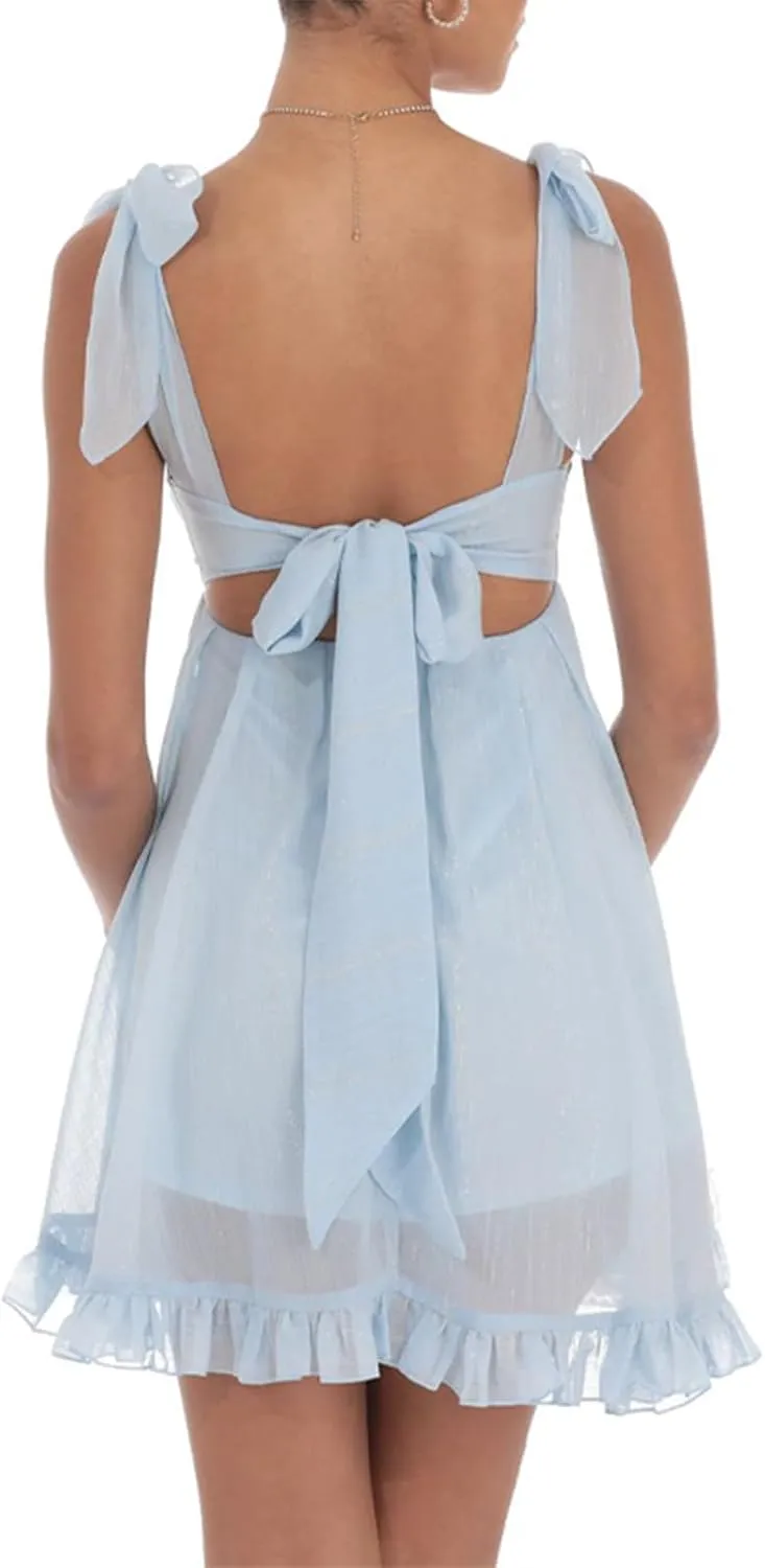 Women Y2k Lace Mini Dress Casual Backless Flowy A-Line Party Short Dress Ruffle Hem Tie Back Going Out Boho Sundress